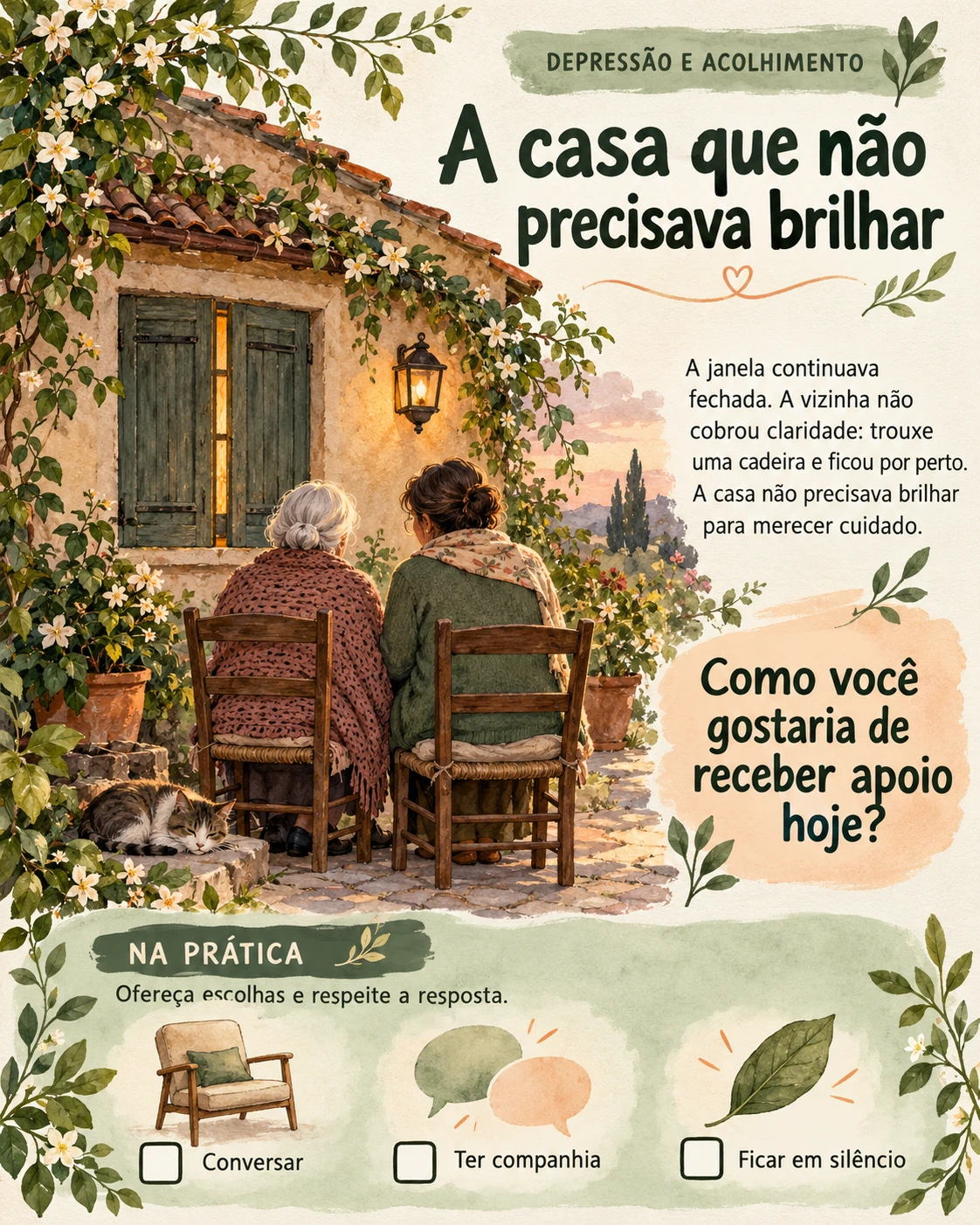Metáfora visual: A casa que não precisava brilhar. Tema: depressão e acolhimento. Ilustração, pergunta de reflexão e atividade para o profissional.
