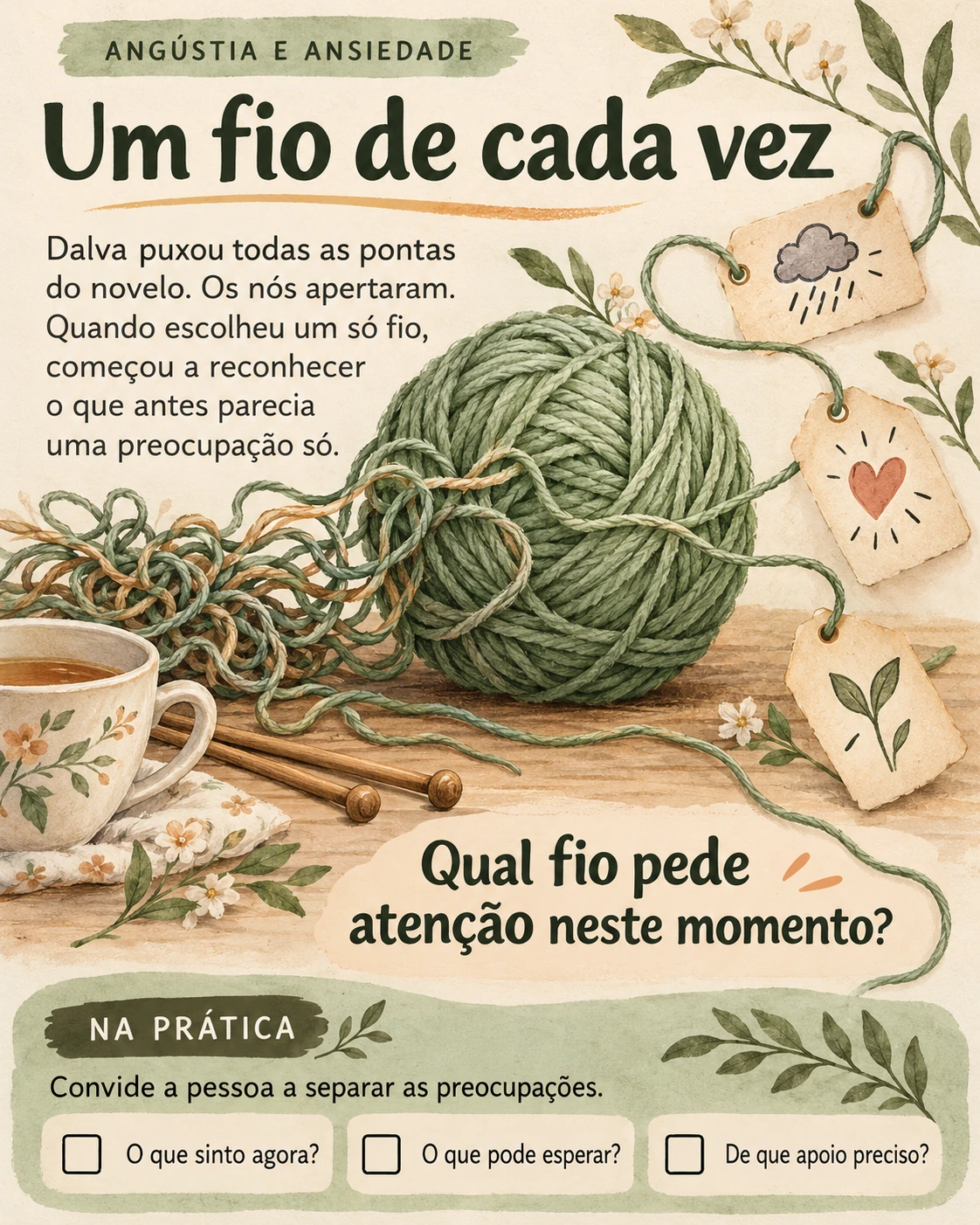 Metáfora visual: Um fio de cada vez. Tema: angústia e ansiedade. Ilustração, pergunta de reflexão e atividade para o profissional.
