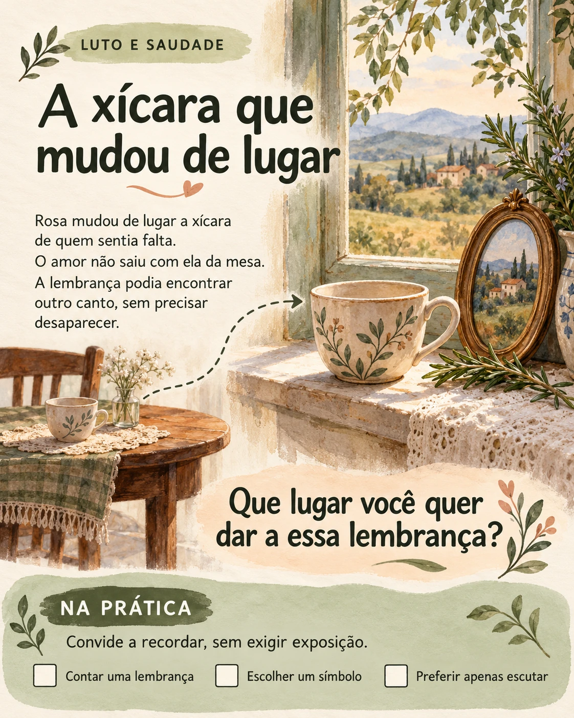 Metáfora visual: A xícara que mudou de lugar. Tema: luto e saudade. Ilustração, pergunta de reflexão e atividade para o profissional.