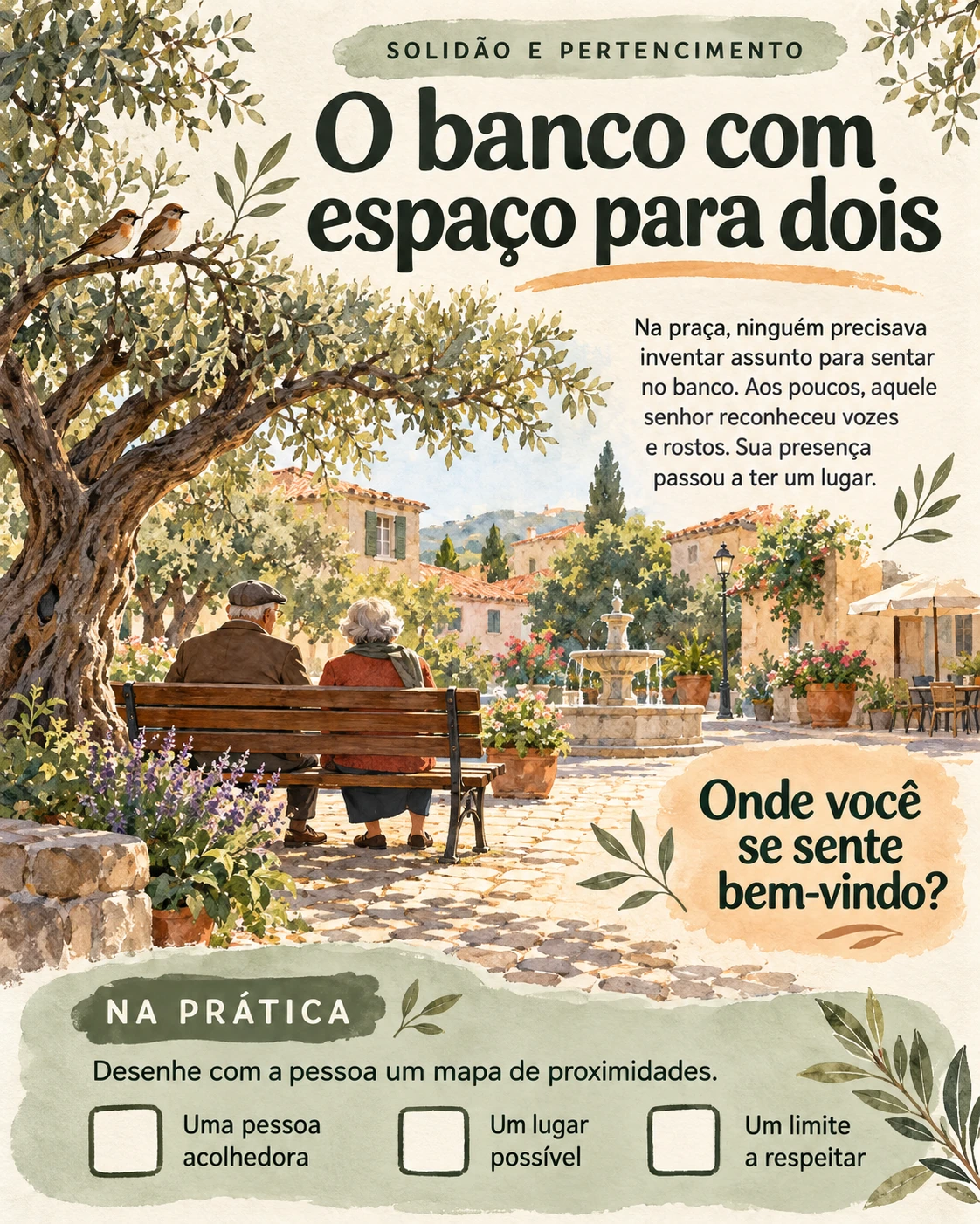 Metáfora visual: O banco com espaço para dois. Tema: solidão e pertencimento. Ilustração, pergunta de reflexão e atividade para o profissional.
