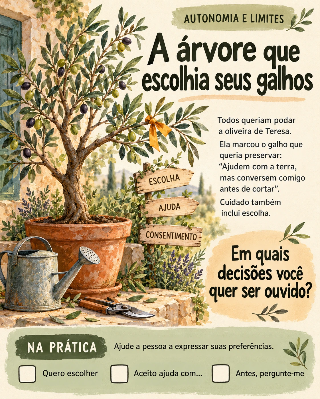 Metáfora visual: A árvore que escolhia seus galhos. Tema: autonomia e limites. Ilustração, pergunta de reflexão e atividade para o profissional.