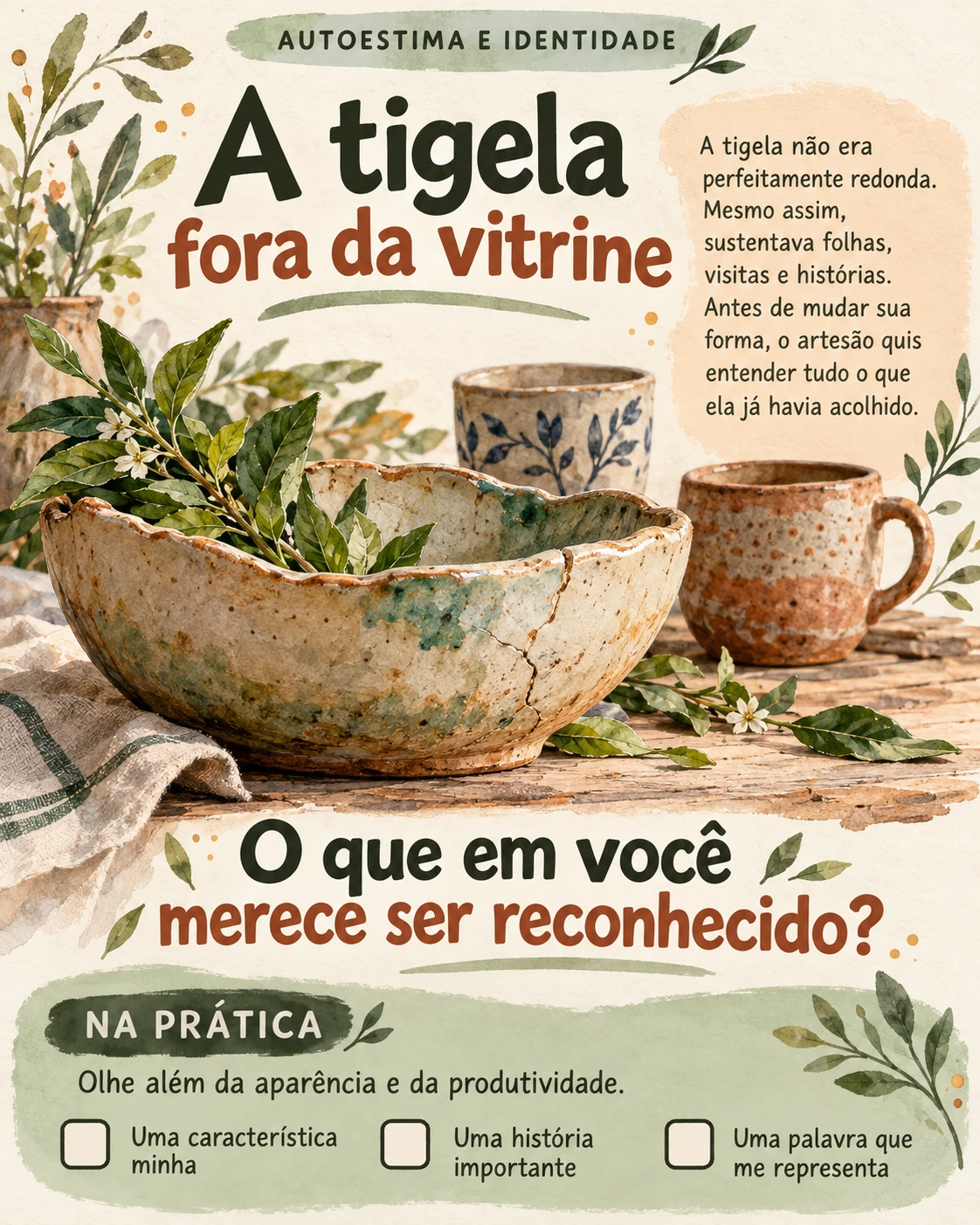 Metáfora visual: A tigela fora da vitrine. Tema: autoestima e identidade. Ilustração, pergunta de reflexão e atividade para o profissional.