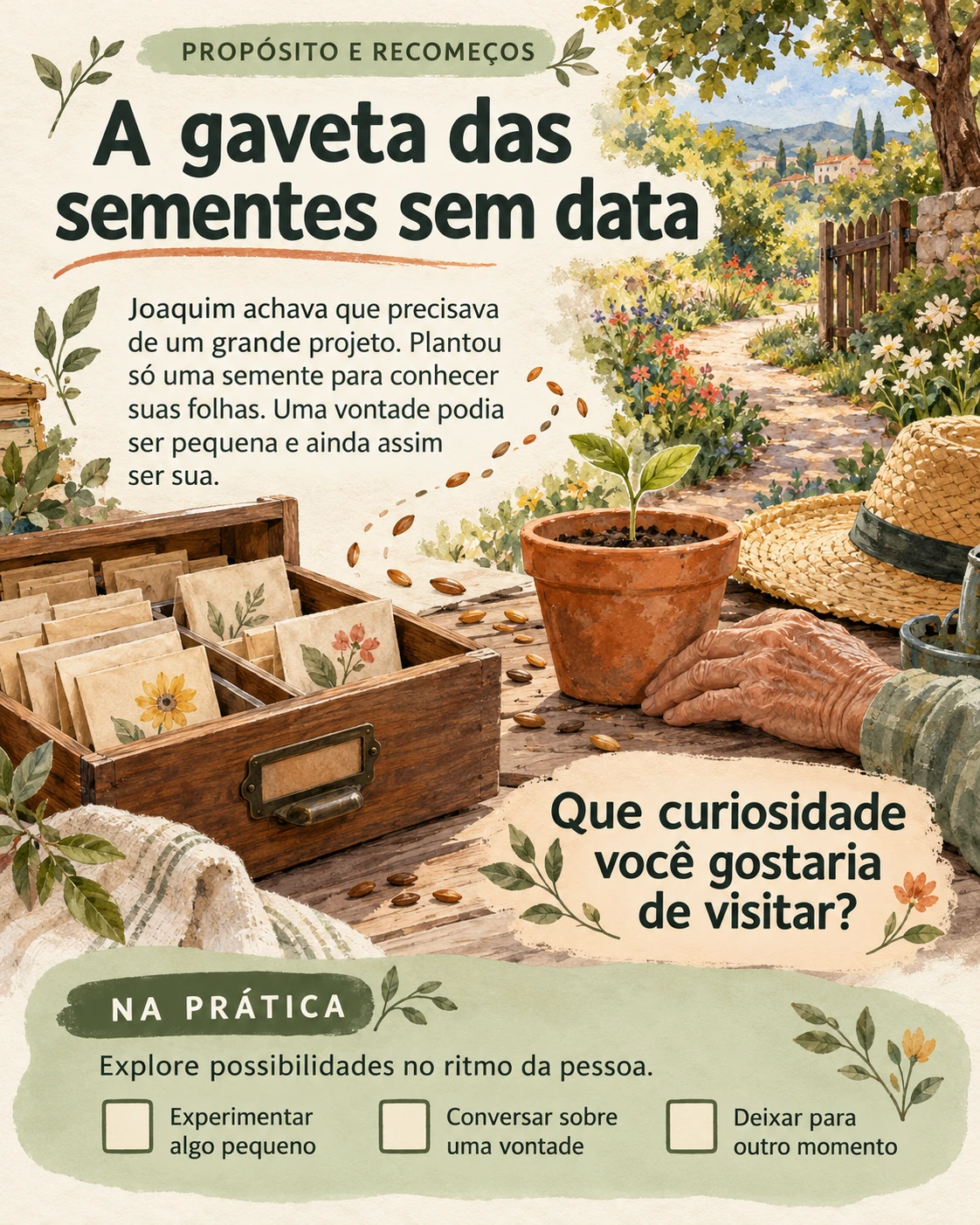 Metáfora visual: A gaveta das sementes sem data. Tema: propósito e recomeços. Ilustração, pergunta de reflexão e atividade para o profissional.