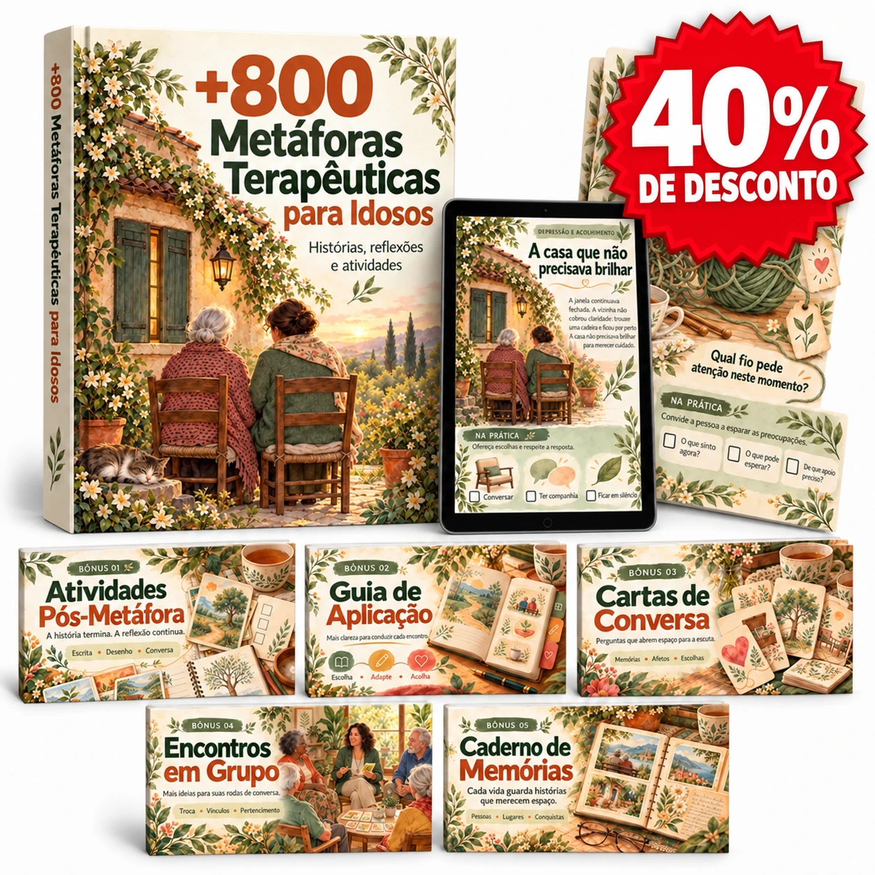 Pacote completo com os cinco bônus e selo de 40% de desconto